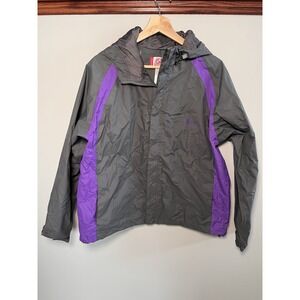 Coleman Rain Jacket Womens L/XL Gray Purple Hooded Long Sleeve Full Zip Lined